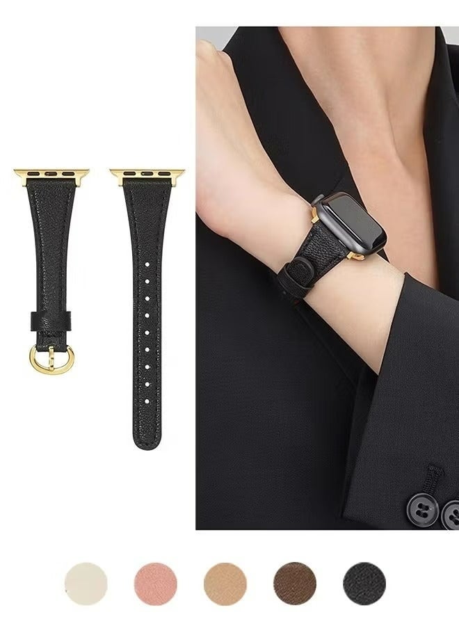 سوار من الجلد الطبيعي عالي الجودة لساعة أبل، متوافق مع مقاسات 42 مم، 44 مم، 45 مم، 46 مم، 49 مم، سوار معصم نسائي رفيع لساعات أبل من السلسلة 11، 10، 9، 8، 7، 6، 5، 4، 3، 2، 1، SE، Ultra3، Ultra2، للاستخدام اليومي، أسود - Image 1